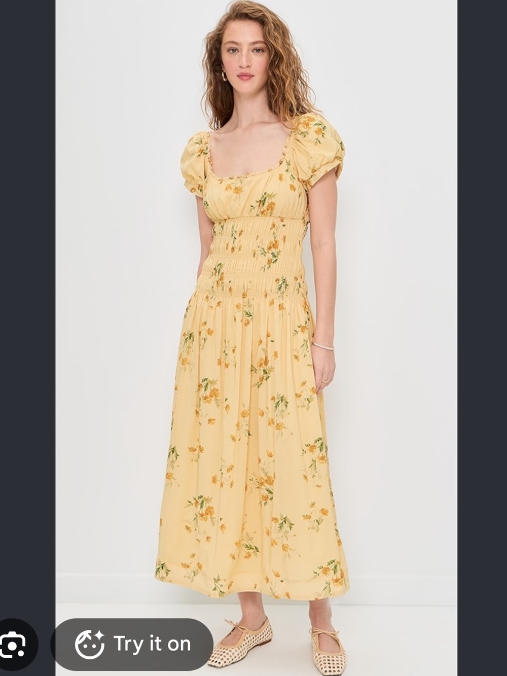 Reformation Riva Puff-Sleeve Smocked Midi Dress